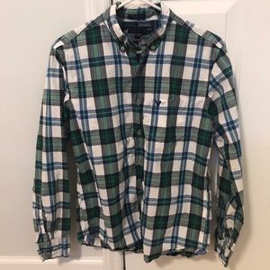 Blue green plaid button down shirt